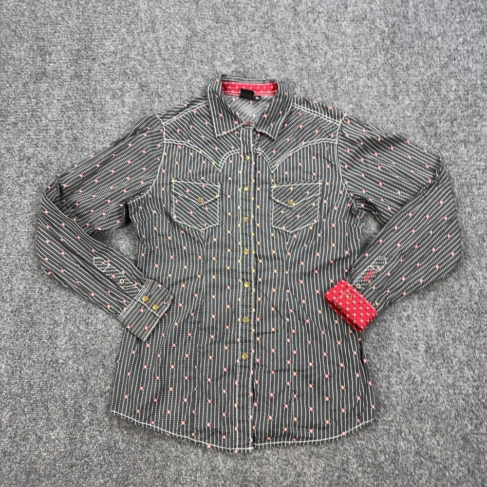 Cruel Shirt Womens L Gray Stripe Dot Western Snap Button Front Long Sleeve